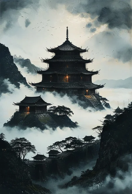 <lora:Shingles_SDXL:0.80> Japanese temple made of mad-shingles
<lora:add-detail-xl:1> , <lora:aidmaImageUpgraderSDXL-v0.3:0.75> aidmaimageupgrader, <lora:xl_more_art-full_v1:1>,   <lora:tbh162-sdxl:1> style of Kawanabe Kyosai
fortress wall around, japanese fortress, big stronghold on a hill, shrine, religious place, mythological place, fog, thick fog,  cloudy sky, dark brooding mood
