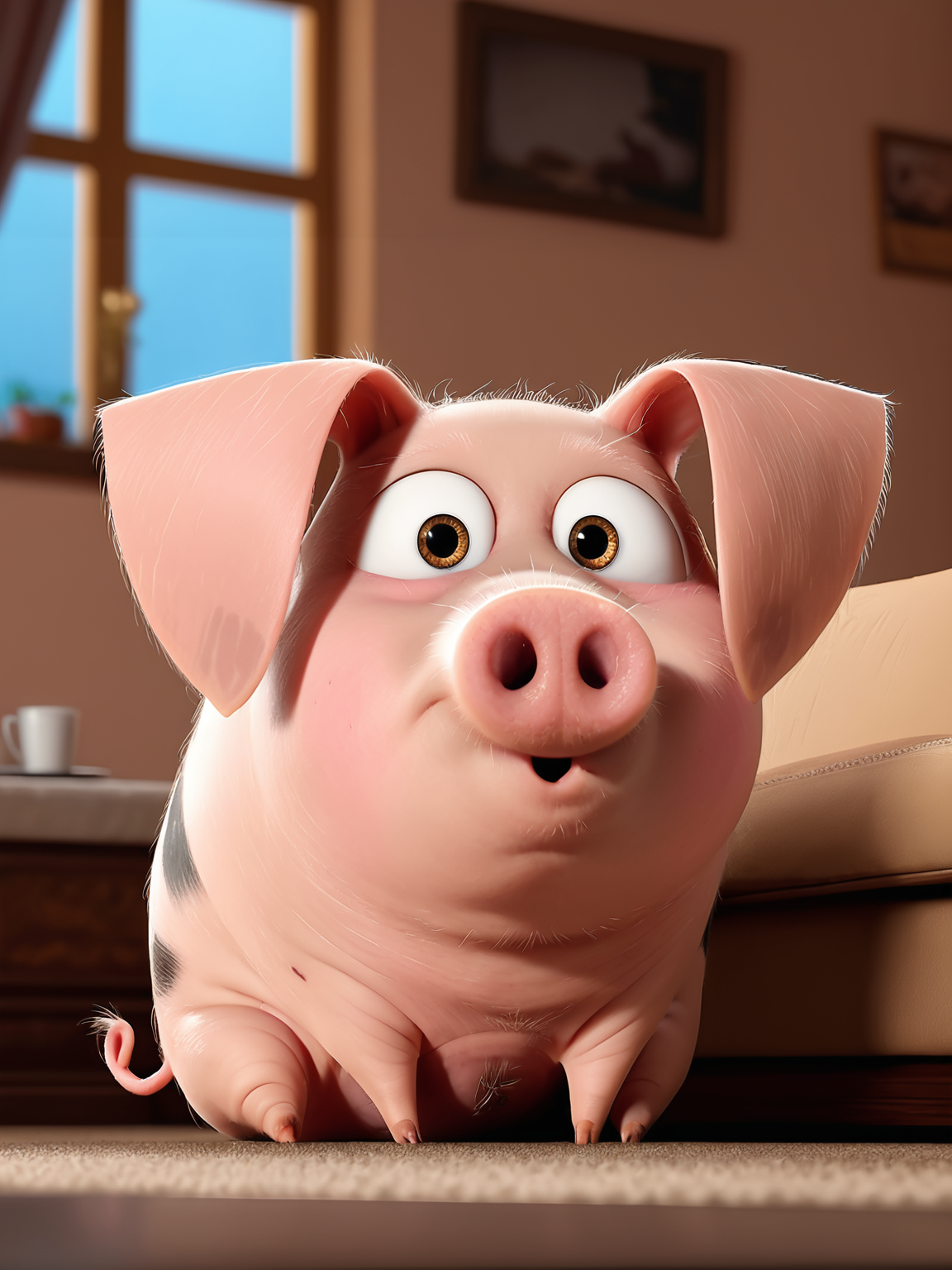 best quality, masterpiece, raw photo, 8k,uhd,cartoon, TSLoP,a cute pig is watching tv,<lora:TSLoP:0.8>