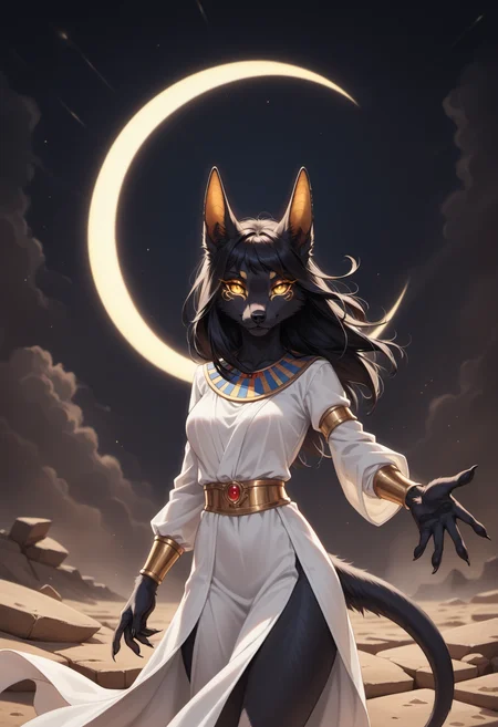 score_9, score_8_up, score_7_up, source_furry, source_fantasy, high quality, perfection, detailed, aesthetic, well-lighted,
1girl, girl focus,
underworld, outdoors, desert, dark background, (dark sky:1.2), black sky, (solar eclipse:1.2),
furry female, furred body, fluffy fur, beautiful girl, cute girl, youthful, beautiful face, detailed face, perfect eyes, detailed eyes,
goddess of underworld, anubis girl, jackal girl, black fur, medium breasts, yellow eyes, glowing eyes, split pupils, black hair, black mane, messy hair, tail, (good hands:1.2),
egyptian clothes, pharaoh clothes, white robe,
looking at viewer, strong wind, reaching towards viewer,
<lora:princess_xl_v2:0.6>, <lora:p_ami_v10_adafactor:0.4>, <lora:incase-ilff-v3-4:0.5>, <lora:CleanDetailed_Eyes:0.25>,âââ