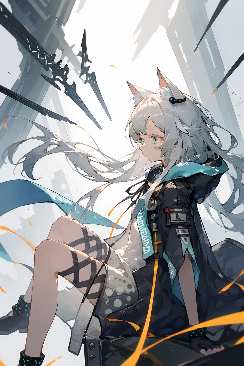 (score_9,score_8_up,score_7_up),<lora:Rosmontis(Arknights)-v1:1>,Rosmontis(Arknights),1girl,rosmontis (arknights),solo,animal ears,long hair,green eyes,gloves,fingerless gloves,dress,cat ears,white dress,black gloves,hood down,hood,grey hair,bangs,jacket,very long hair,animal ear fluff,infection monitor (arknights),cat girl,profile,floating hair,white hair,black jacket,earpiece,hooded cloak,cloak,thigh strap,black ribbon,outstretched arm,from side,sitting,
good feet,anime,NSFW,expressive,amazing quality,ultra hd 32k,