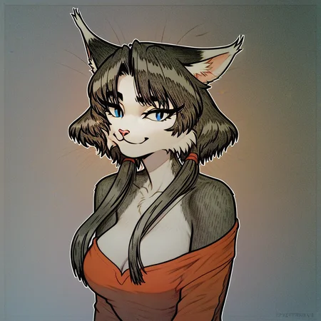score_9_up, score_8_up, score_7_up, score_6_up, source_furry, (best quality:1.1), ultra-detailed, high resolution, solo, tatiana, anthro cat, cat girl, female, two-color fur, white fur, black fur, black fluffy pointed ears, white ear tips, fluff in ears, fluffy tail, long black hair, curtain bangs, ice blue eyes, long eyelashes, large breast, naked, cute, portrait, smirk, red royal dress, portrait, detailed facial features, looking at viewer, expressiveh, simple background, highly visible, sharp focus, anatomically correct