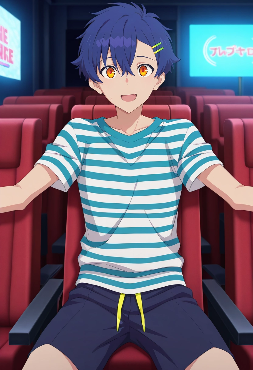 masterpiece, best quality, , anime screencap, anime coloring, official style, looking at viewer, 1boy, solo, male focus, <lora:yomogi_asanaka_ilxl:0.9>, yomogi_asanaka, blue hair, orange eyes, short hair, bangs, hair between eyes, hairclip, , movie theater, glowing marquee, bustling lobby, popcorn carts, seated pose, excited expression, cinematic glow, Swim trunks, Striped shirt, , ,