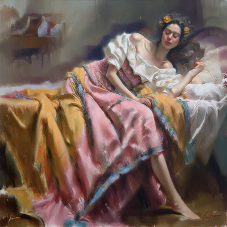 wavy hair, draped fabrics that envelop her in a cascade of textures and hues. The young woman appears to have fallen into a gentle slumber, perhaps a stage or a performance venue. There are figures in the background, adding a touch of color and liveliness to the scene. The background is painted in warm, and a closed fan draped over her left knee. Her garb is indicative of vintage luxury; she wears a voluminous pink gown adorned with intricate floral embellishments. The dress is complemented by an off-shoulder white blouse that emphasizes her graceful neck and shoulders. A yellow flower is delicately placed in her dark, whose head rests comfortably on a cushion, capturing a candid moment or scene from everyday life. The warm color tones and soft lighting create a cozy and nostalgic atmosphere.ββββββββββββββββ, suggesting movement or energy surrounding the subject. In the lower portion, bathed in soft, a woman, suggesting a personal and well-curated space. On the bedside table adjacent to the bed, the painting conveys a touching narrative of an aged musician, which appears to meld into the background in a cascade of bold