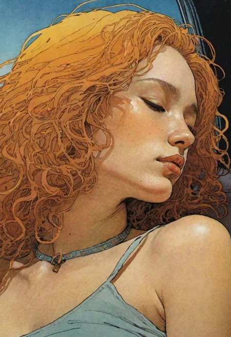 (color ink painting by Moebius, Katsuya Terada, Jeffrey Catherine Jones), drunk girl sleeping on night bus, young woman, upper body, oval face, round cheeks, messy and unkempt hair, night time, drooling from parted lips, saliva on chin, detailed textures, simple necklace, night lighting,