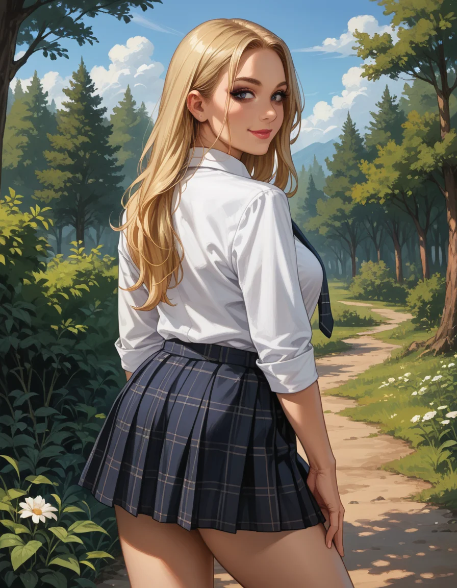 score_9, score_8_up, score_7_up, score_6_up, score_5_up, score_4_up, 1girl, long blonde hair, large breasts, makeup, lipstick, hud_schgrl, white collared shirt, necktie, plaid pleated skirt, <lora:hud_schgrl_XLP:0.6>, outdoors, realistic, closed mouth, smile, from behind, ass