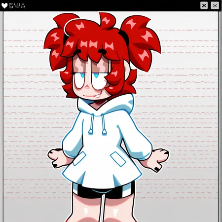 eyes close together, konya karasue, lam \(ramdayo\), masterpiece,best quality,highres,absurdres,newest, very awa, aesthetic, usnr, window \(computing\), abstract, glitch, mhh, dynamic pose,movementglowing,pixelates glitch, glowing screen,s0ph1a, short hair, red hair, detached hair, heart, ahoge, twintails, blue eyes,short dress, white dress, hooded dress, hood down, long sleeves, black shorts, bike shorts, cute, smile, bright smile,shiny skin <lora:Birdie:1.99>