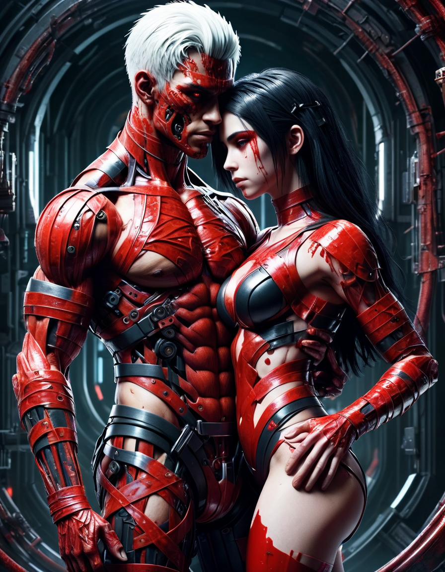 (masterpiece:1.1), (best quality:1.1), (intricate:1.1), (detailed:1.1), (ornate:1.1), (aesthetic:1.1), BREAK, (science fiction:1.1), (cyberpunk:1.0), (tragic:1.1), (red theme:1.0),(glowing:1.1), (metallic:1.0), BREAK, (upper body:1.0), (1boy + 1girl:1.1), (a muscled male demon with black hair embracing a innocent looking girl with white hair:1.1), (cyborg:1.1), (mechanical parts:1.1), (pain and pleasure:1.1), (covered in blood:1.1), ral-barriertape <lora:ral-barriertape:1> ral-barriertape landscape