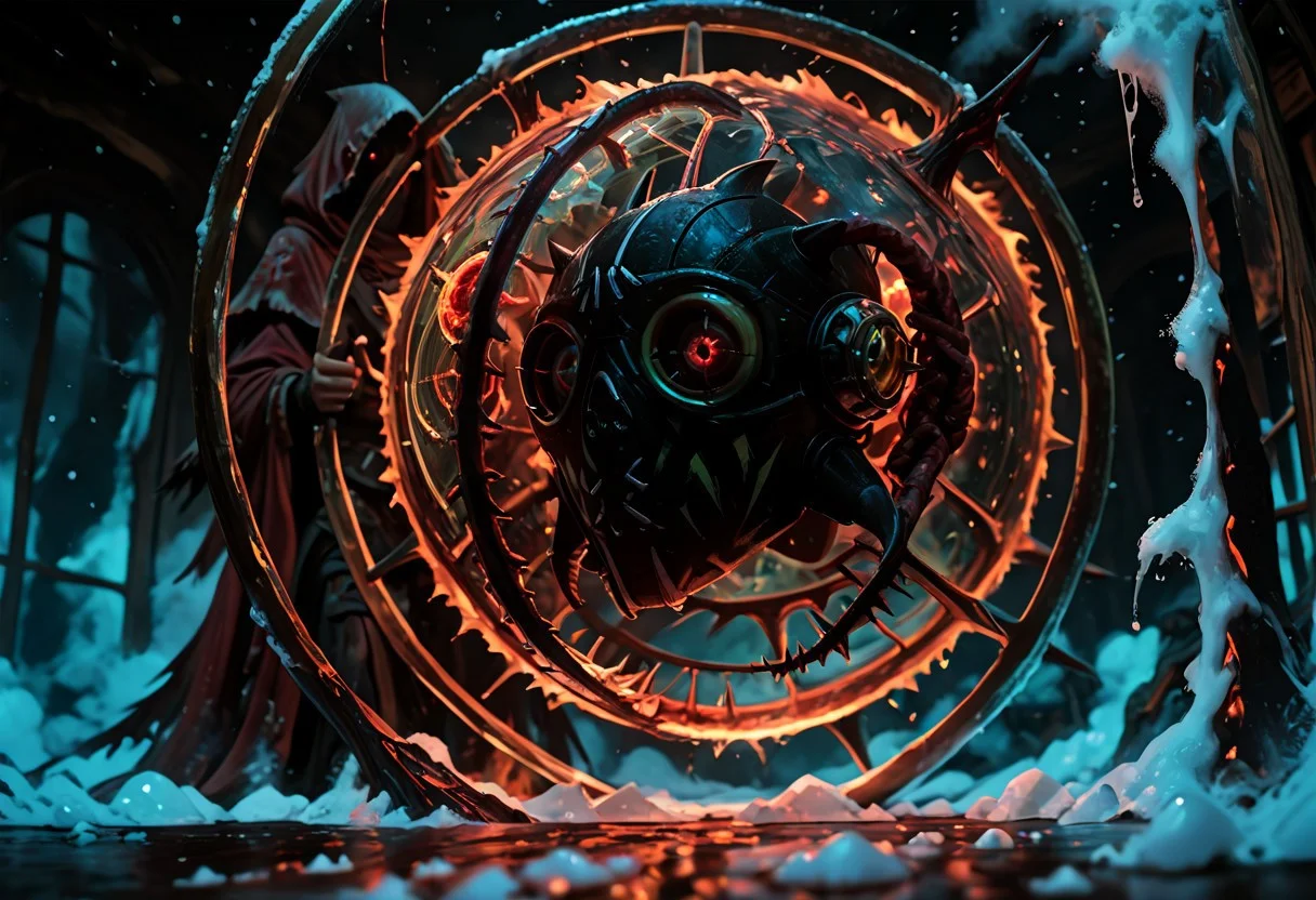 masterwork, masterpiece, best quality, detailed, depth of field, high detail, deep colour, high contrast, very aesthetic, sharp edges, precise, clear focus, highly detailed epic cinematic concept art, (octane render:1.6), (3d shading:1.6), dynamic lighting, very inspirational, (Dreamlike surrealist painting:1.8),
(the world is burning (inside a glass sphere:1.9) :1.5), watched by a demon, surreal female demon, red eyes, swirling cloak turning into threatening clouds,
snow, glowing footprints, burning tears scorch the land, eldritch, horror, gdv2-illu,