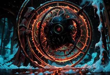 masterwork, masterpiece, best quality, detailed, depth of field, high detail, deep colour, high contrast, very aesthetic, sharp edges, precise, clear focus, highly detailed epic cinematic concept art, (octane render:1.6), (3d shading:1.6),  dynamic lighting, very inspirational, (Dreamlike surrealist painting:1.8),
(the world is burning (inside a glass sphere:1.9) :1.5), watched by a demon, surreal female demon, red eyes, swirling cloak turning into threatening clouds,
snow, glowing footprints, burning tears scorch the land, eldritch, horror, gdv2-illu,