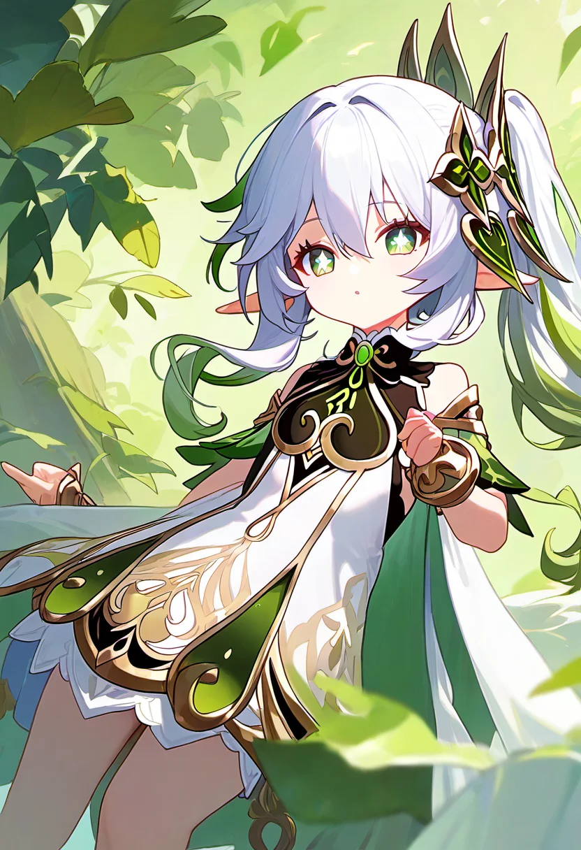 score_9,score_8_up,score_7_up, nahida_(genshin_impact), green_eyes, 1girl, highres, pointy_ears, white_hair, green_hair, side_ponytail, long_hair, gradient_hair, hair_between_eyes, white_dress, cross-shaped_pupils