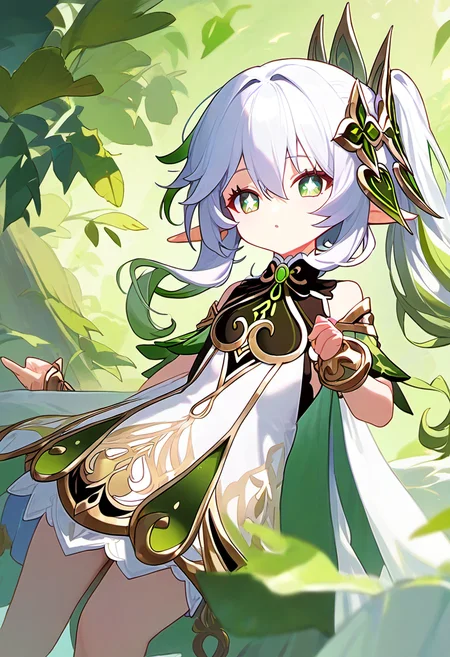 score_9,score_8_up,score_7_up, nahida_(genshin_impact), green_eyes, 1girl, highres, pointy_ears, white_hair, green_hair, side_ponytail, long_hair, gradient_hair, hair_between_eyes, white_dress, cross-shaped_pupils