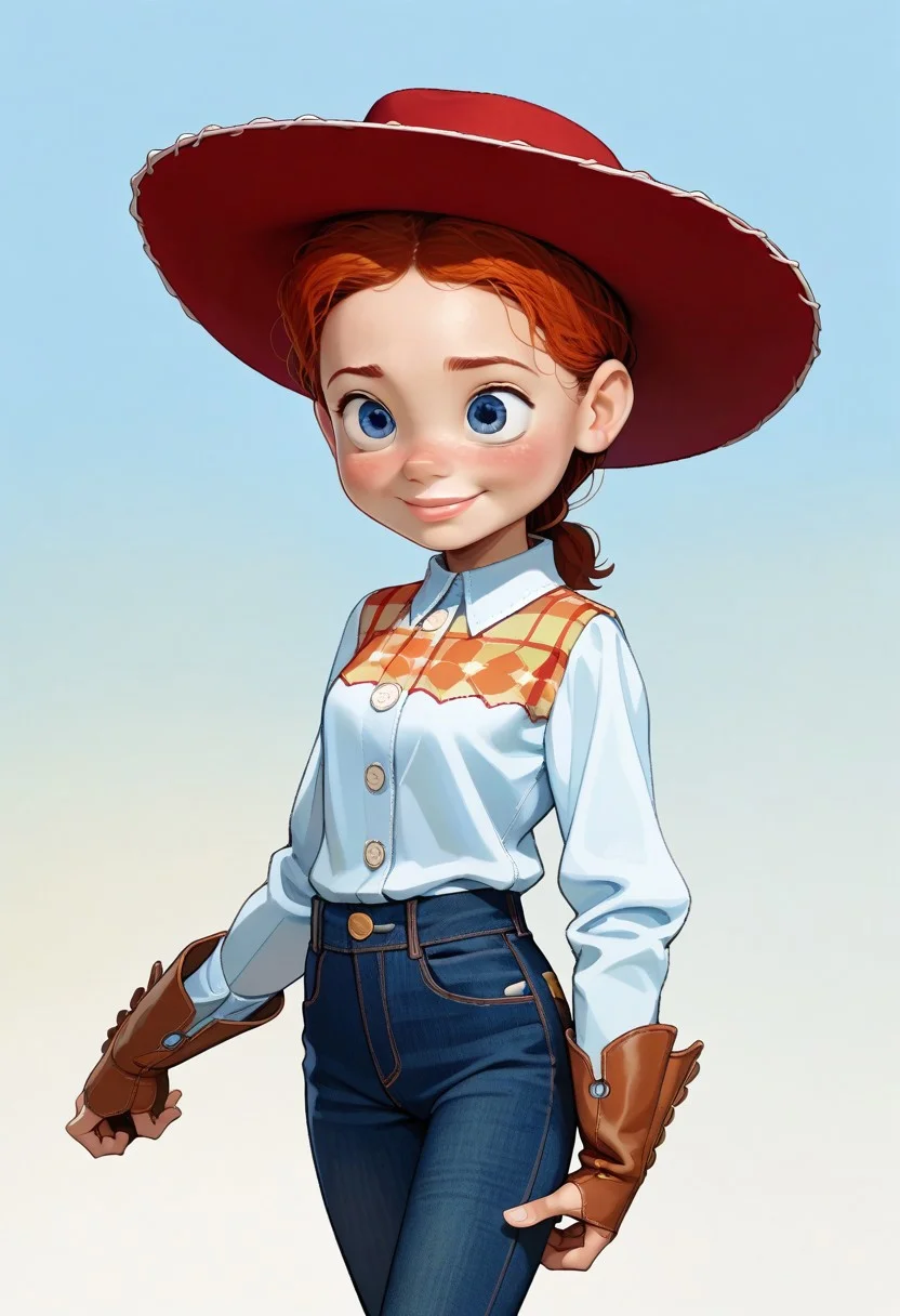score_9, score_8, score_7, score_6, Jes_sie, 1girl, red hair, hat, plaid shirt, jeans, cowboy boots, cute smile, friendly eyes, source_comic, 2d,