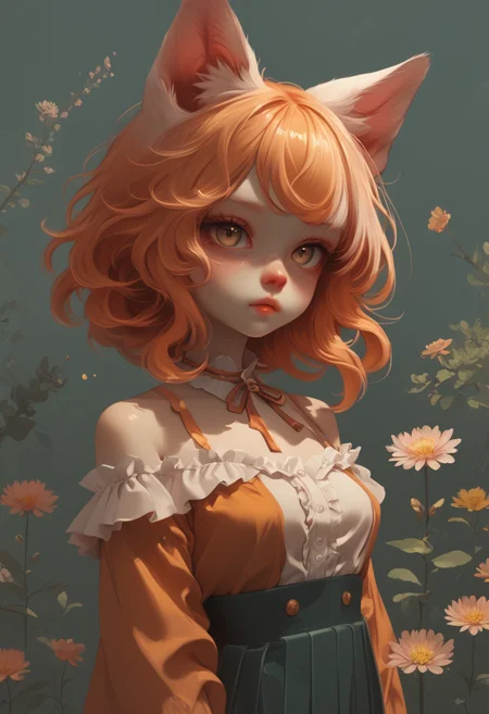 Score_9, score_8_up, score_7_up, score_6,
1girl, solo, glowing brown eyes,
orange hair, medium hair, layered hair, 
pleated skirt,
black button-down shirt, medium sleeves, off the shoulder,
animal ears, animal ear fluff, dog ears,
yellow flower, pink flower,
teal forest background,
face light, dog girl,
<lora:Floral Dolls Pony Style:1> <lora:dark:0.3> <lora:RimLight_v3.0:0.6> <lora:more_details:1>