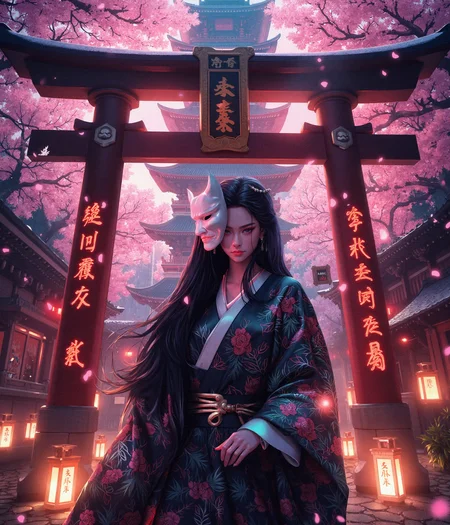 A breathtaking, hyper-detailed digital painting of a beautiful young woman standing beneath a cybernetic torii gate, surrounded by glowing cherry blossoms. She wears a striking Hannya mask pushed to the side of her face, revealing her delicate yet fierce expression, with piercing eyes that shimmer under the ambient neon lights. Her long, silky black hair flows gently in the evening breeze, strands catching the soft glow of floating lanterns.
She is dressed in a fusion of traditional and futuristic attire—an elegant, form-fitting kimono with intricate cybernetic embroidery, luminous circuit-like patterns pulsing faintly along the fabric. A high-tech obi belt cinches her waist, adorned with metallic ornaments and glowing kanji symbols.
The background showcases a mesmerizing cyberpunk-Japanese setting: a massive, illuminated pagoda towers in the distance, its intricate architecture enhanced with neon accents and holographic projections. The cybernetic torii gate behind her is made of sleek metal with glowing red inscriptions, pulsating like a digital heartbeat. Cherry blossom petals drift through the air, glowing softly as they catch the light from hovering drones and futuristic lanterns.
The atmosphere is a perfect blend of traditional mysticism and futuristic cyberpunk aesthetics, with ultra-realistic lighting and texture details—reflections on her metallic accessories, the soft shimmer of silk, and the rain-slicked stone path beneath her feet, all adding to the cinematic depth of the scene. The overall composition is both ethereal and intense, combining beauty, power, and mystery in a hyper-detailed and lifelike art style.
Art in the style of Yomu_Yakadashi.
