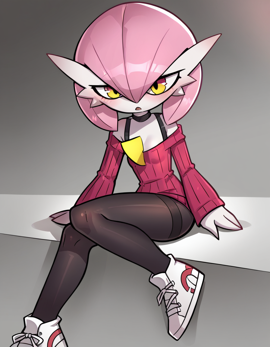 score_9, score_8_up, score_7_up, score_6_up, score_5_up, score_4_up, solo, solo,
<lora:Jizoku_v0-2-20:0.8> jizoku, wrap sweater, joggers, slip-on sneakers, pantyhose, <lora:Petunia_v2.1:0.8> petunia, pink hair, pokemon \(creature\), colored skin, gardevoir, short hair, white skin, flat chest, alternate color, yellow eyes, petite,