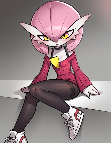 score_9, score_8_up, score_7_up, score_6_up, score_5_up, score_4_up, solo, solo,
<lora:Jizoku_v0-2-20:0.8> jizoku, wrap sweater, joggers, slip-on sneakers, pantyhose, <lora:Petunia_v2.1:0.8> petunia, pink hair, pokemon \(creature\), colored skin, gardevoir, short hair, white skin, flat chest, alternate color, yellow eyes, petite,