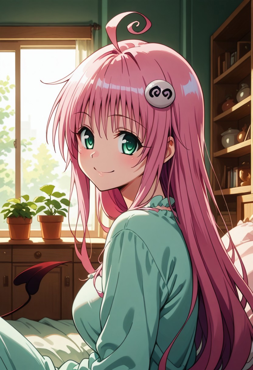 best quality, 
lala deviluke, long hair, pink hair, tail, ahoge, bangs, hair ornament, green eyes, 
face focus, portrait, looking at viewer, 
, loungewear,
sitting at the edge of bed, smile, looking at viewer,
cozybedroom, modern cozy bedroom, Bookshelves, desk, plant, bed, bright, morning,
dutch angle, side view, detailed background, great lighting, masterpiece, best quality, amazing quality