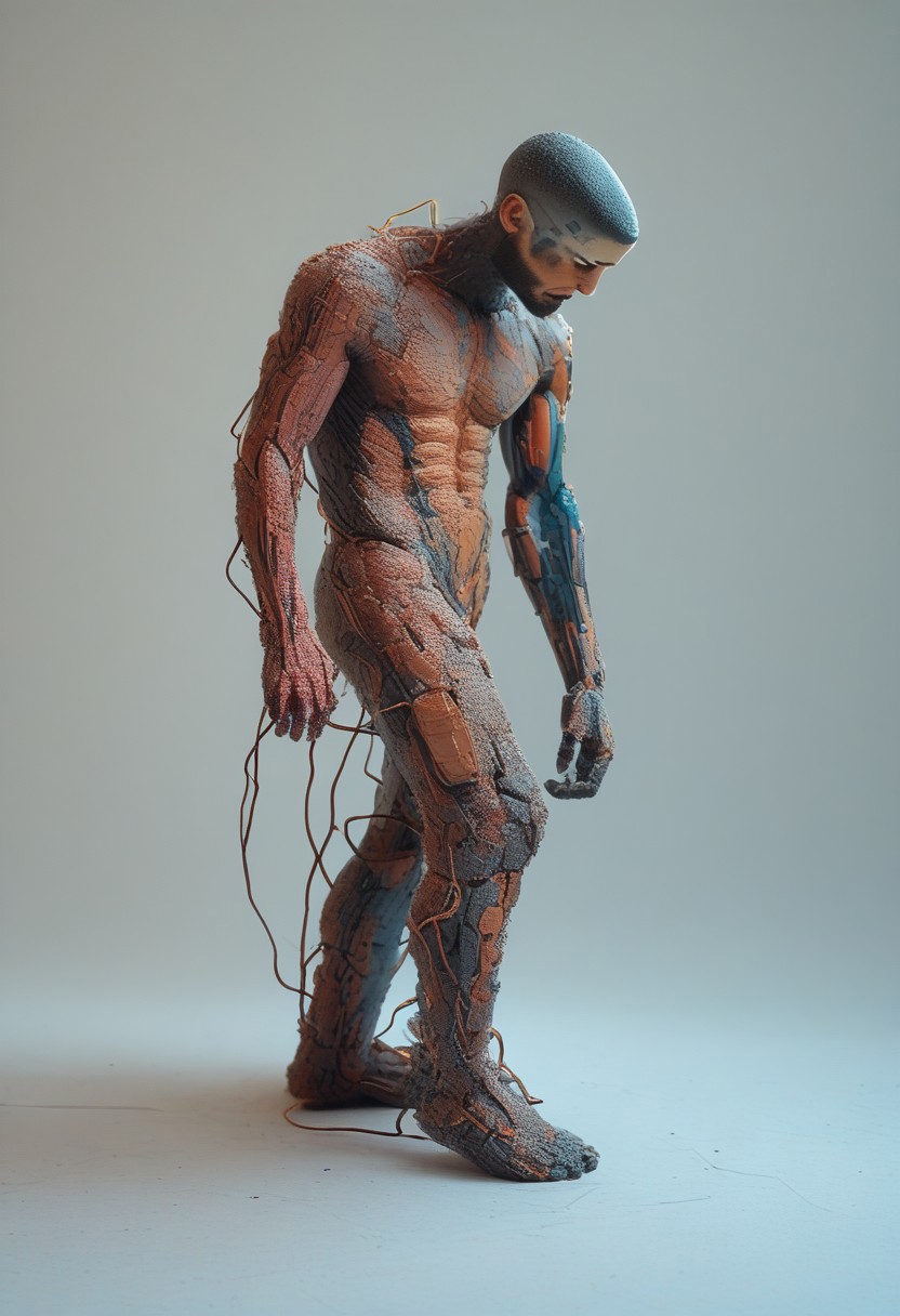 PonyXLV6_Scores BREAK end_tripwire_morph,  made of wires, a neon wire cyberpunk sculpture of a man in his 20s,  neon, wires, made of wires, cables, outlined with wires and neon, neon outlines, wire sculpture, neon wire sculpture