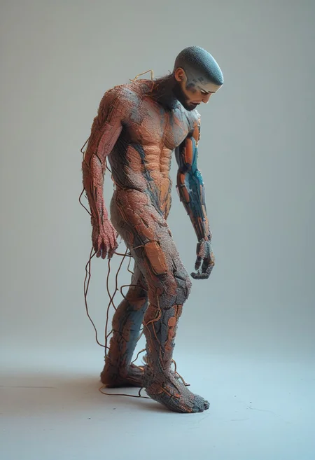 PonyXLV6_Scores BREAK end_tripwire_morph,  made of wires, a neon wire cyberpunk sculpture of a man in his 20s,  neon, wires, made of wires, cables, outlined with wires and neon, neon outlines, wire sculpture, neon wire sculpture