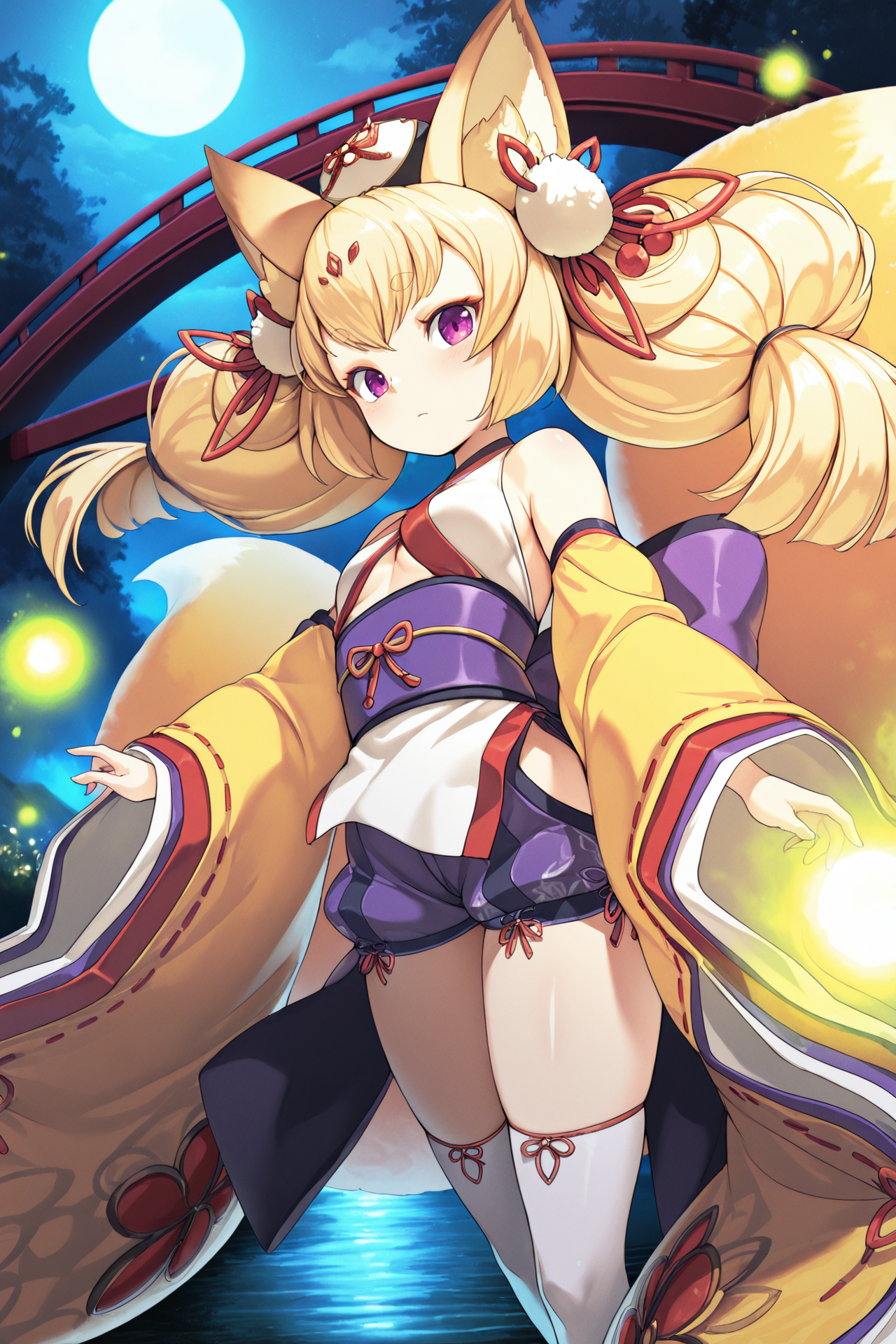 masterpiece, best quality, amazing quality  <lora:izuna_ayrb_1.5:1> 1girl, solo
izuna_ayrb,twintails,blonde hair,hair ribbon,hair ornament,fluffy tail,kimono,thigh highs,
standing on a red bridge over a misty lake, sakura trees in bloom, moonlight filtering through clouds, glowing fireflies, flowing hair and tail in the breeze, dramatic lighting, cinematic atmosphere, dynamic angle, high fantasy