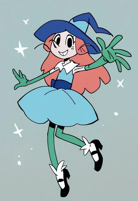score_9, score_8_up, score_7_up BREAK LoveWitch, 1girl, long fuchsia hair, black eyes, blue witch hat, light blue hat band, white-collared sleeveless light blue dress, blue belt, long green gloves, green stockings, white socks, black mary jane shoes, full body, smiling at viewer,