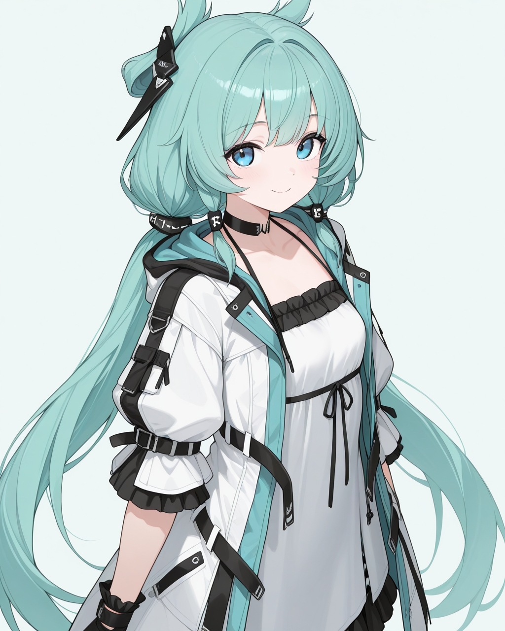 masterpiece, best quality, highres, simple background, looking at viewer, smile,
1girl, osiris the innocence, aqua hair, blue eyes, low twintails, very long hair, hair ornament, open jacket, 
<lora:osiris_the_innocence_il_v1:0.8>