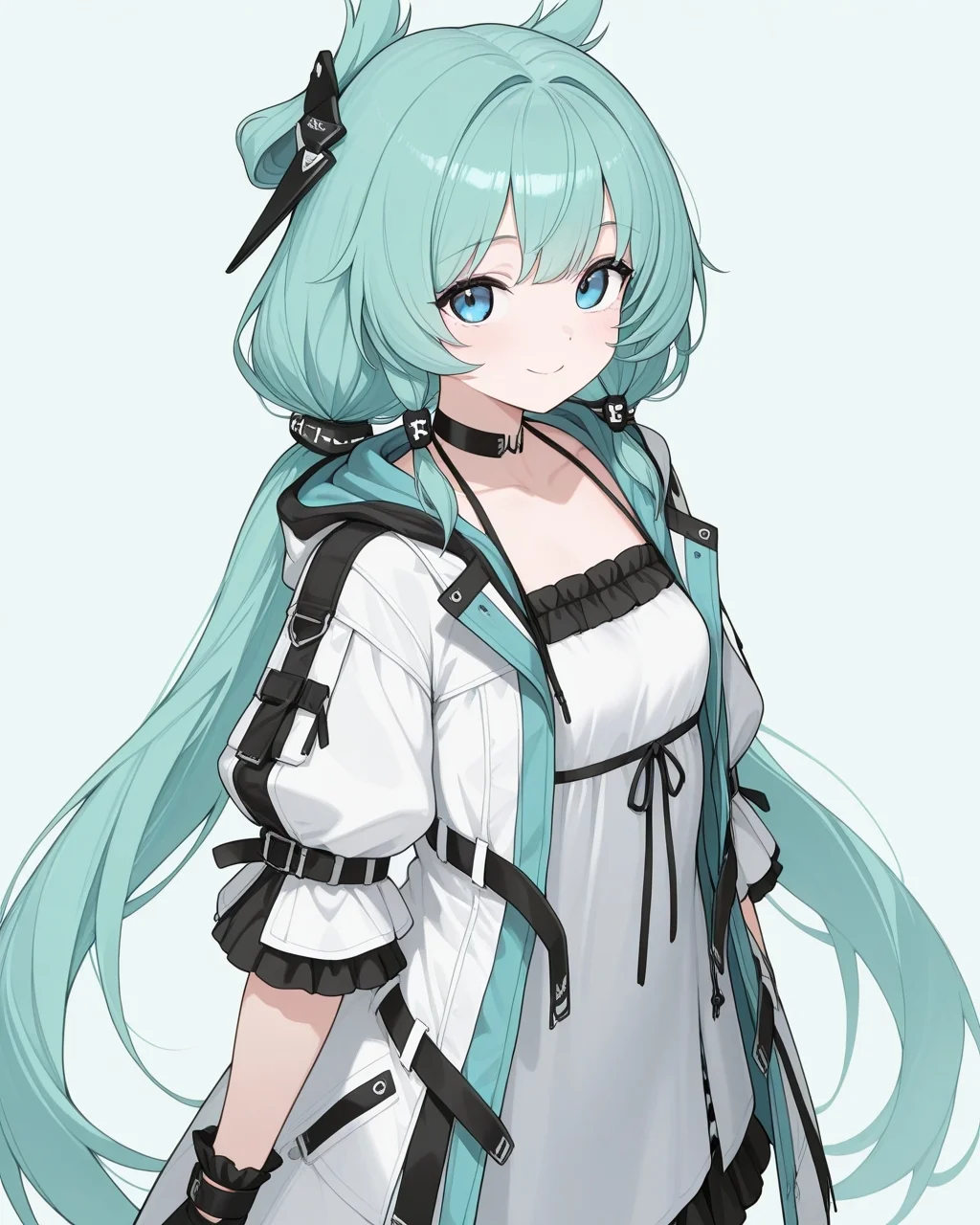 masterpiece, best quality, highres, simple background, looking at viewer, smile,
1girl, osiris the innocence, aqua hair, blue eyes, low twintails, very long hair, hair ornament, open jacket,
<lora:osiris_the_innocence_il_v1:0.8>