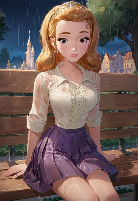 Princess_Amber,blond hair,brown eyes,score_up_8, score_up_9, 1girl, white shirt, violet skirt, miniskirt, pleated skirt, medium breasts,, background near castle,raining, night sky, at park, sitting on bench,  looking at viewer, wet dress