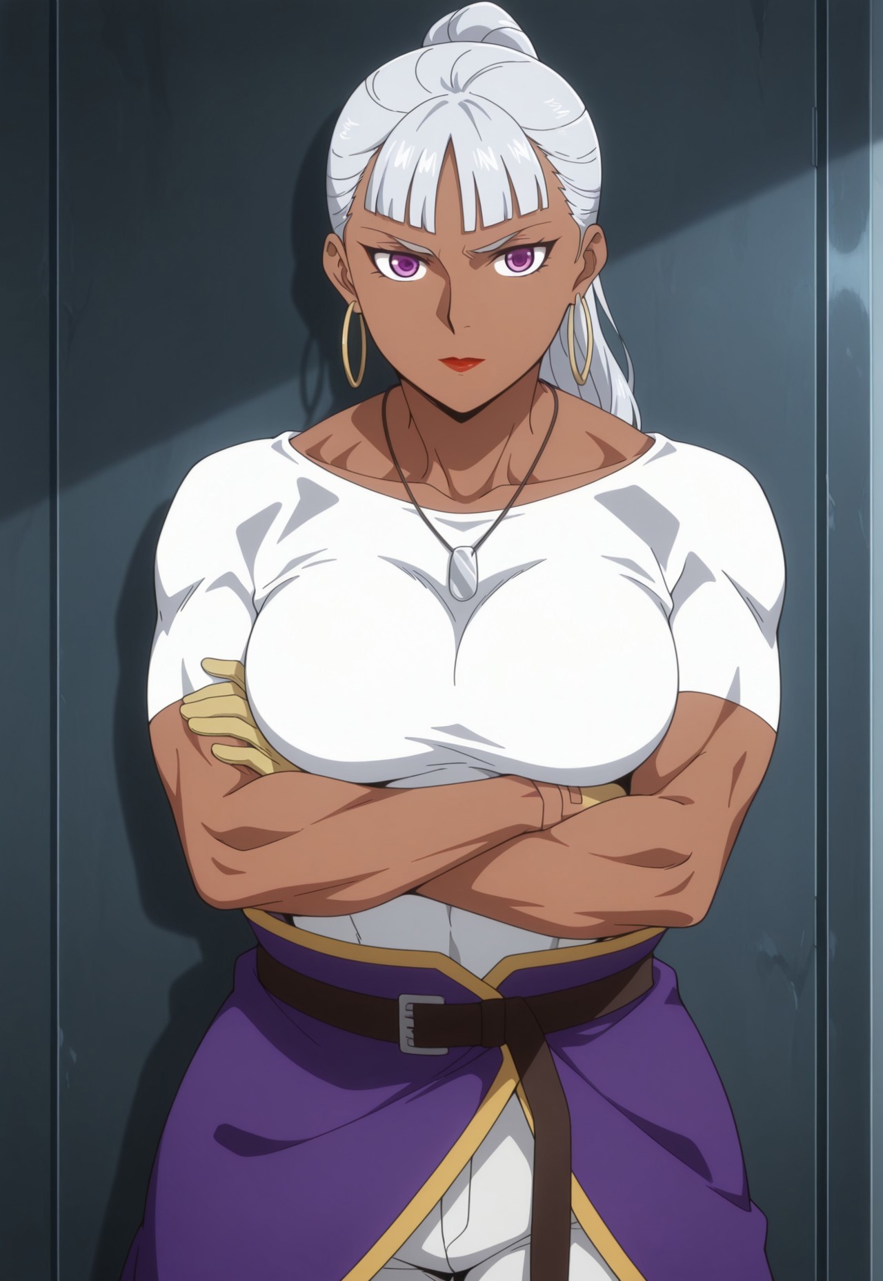 masterpiece, best quality, detailed, anime, cowboy shot, 1girl, mature female, solo, Drsala, dark-skinned female, white hair, bangs, ponytail, purple eyes, muscular female, breasts, lipstick, shirt, waist cape, pants, gloves, hoop earrings, necklace, crossed arms, looking at viewer,