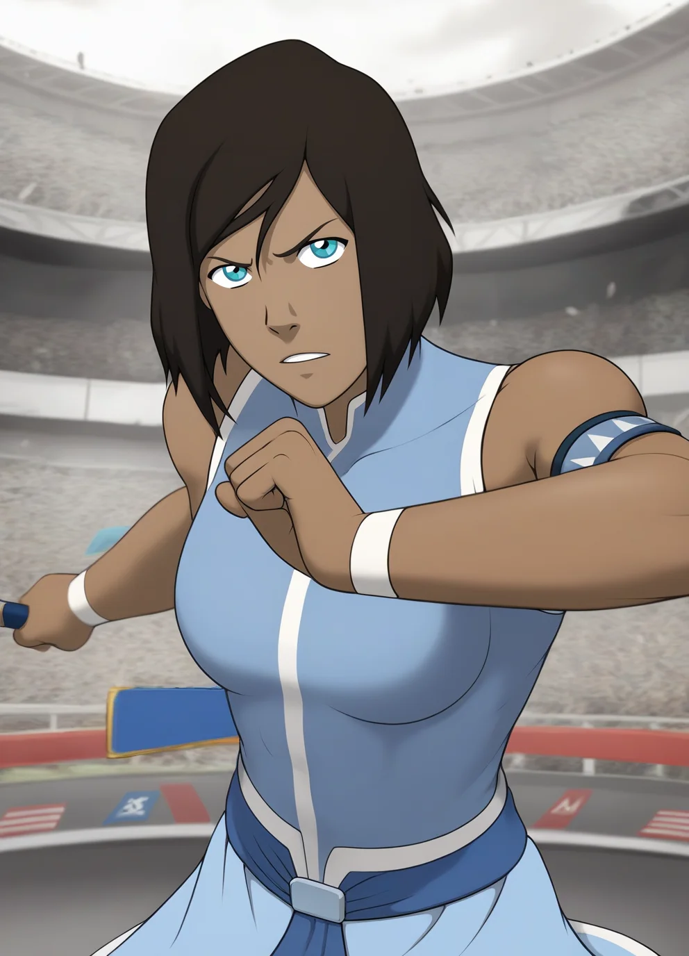 score_9, score_8_up, score_7_up,1girl,korraXL,brown hair,blue eyes,short hair,detailed face,masterpiece,best quality, dark-skinned, wearing a top, <lora:korraXL:1> arena,fighting stance,