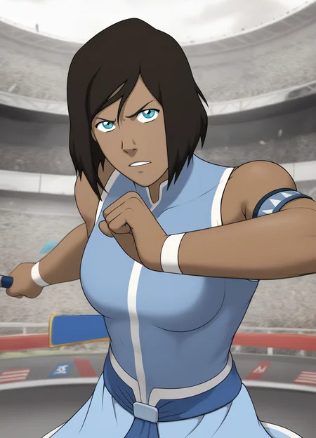 score_9, score_8_up, score_7_up,1girl,korraXL,brown hair,blue eyes,short hair,detailed face,masterpiece,best quality, dark-skinned, wearing a top, <lora:korraXL:1> arena,fighting stance,