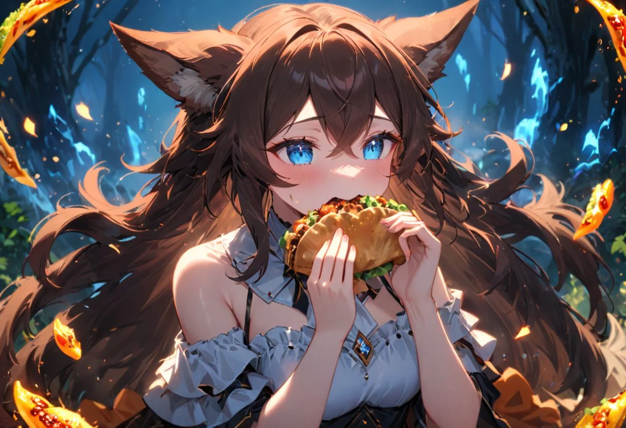 (masterpiece, best quality), great quality, very aesthetic, magic, fantasy, nature, 
(fox girl), 1girl, brown hair, long hair, blue eyes, wavy hair, bangs, hair between eyes, 
(A dress sewn with gemstones that glow softly in the dark, casting a gentle light around the wearer), (eating a delicious taco,)
<lora:artXL\glowneon_xl_v1:1.0>,
<lora:artXL\xl_more_art-full_v1:1.0>,
<lora:artXL\add-detail-xl:1.0>