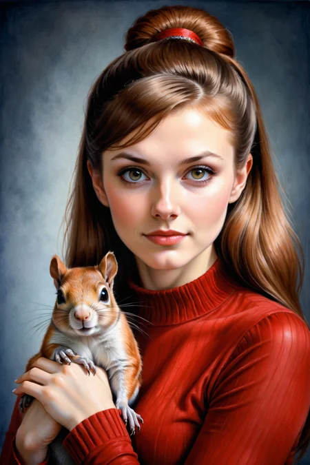 by Phil Noto, by Edwin Georgi, by Lori Earley, cute 18 year old woman and her pet squirrel, watercolor <lora:watercolor_by_ntc:1.00>, oil pastel<lora:oil_pastel:1.00>, by Virgil Finlay, studio portrait <lora:more_art:0.30><lora:clothing_slider:2.00><lora:great_lighting:1.30><lora:aesthetic:1.15><lora:photorealistic_portrait:1.25><lora:RMSDXL_Enhance:0.45><lora:RMSDXL_Creative:0.35><lora:RMSDXL_Photo:0.45><lora:RMSDXL_Darkness_Cinema:0.50><lora:XDetail_heavy:0.45><lora:perfect_eyes:0.15><lora:perfect_hands:0.15><lora:midjourney:-0.15><lora:looking_at_viewer:0.75><lora:dpo:0.25>