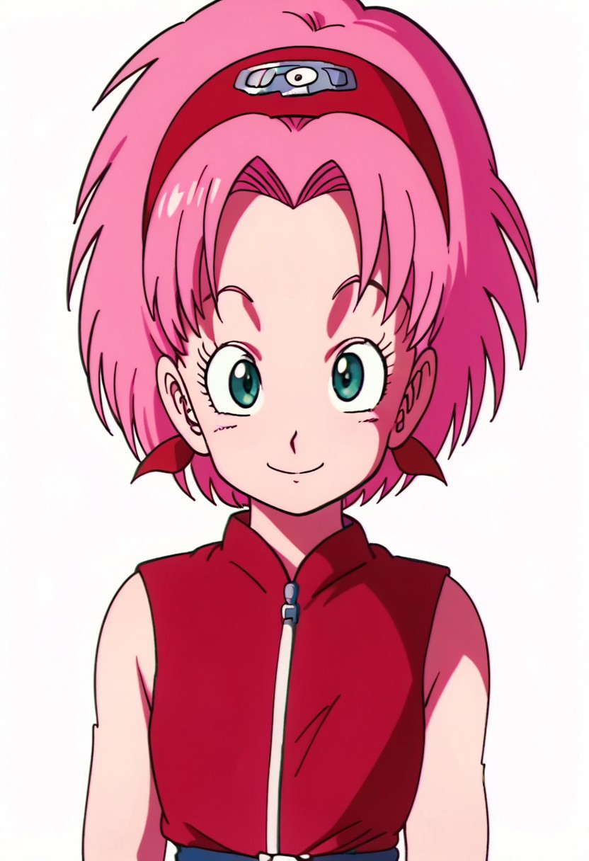 score_9, score_8_up, score_7_up, score_6_up, score_5_up, score_4_up, BREAK, source_anime,
1girl, haruno sakura, pink hair, short hair, green eyes, sleeveless, red shirt, forehead protector,
hands behind back, smile, upper body, looking at viewer, solo, simple background, white background, anime screencap, anime coloring   <lora:SakuraShippudenXL:1> 90s dbz style, style dragon ball z girls 90s, retro style.