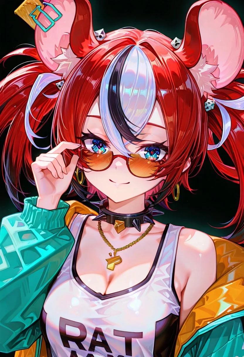 hakos baelz,
1girl, solo, breasts, looking at viewer, smile, simple background, animal ears, cleavage, jewelry, closed mouth, twintails, jacket, medium breasts, collarbone, upper body, earrings, open clothes, hand up, necklace, collar, off shoulder, open jacket, blurry, animal ear fluff, sunglasses, tank top, black background, spikes, pendant, red-framed eyewear, hoop earrings, black collar, tinted eyewear, mouse ears, adjusting eyewear, split mouth, white tank top, multicolored jacket, spiked collar, orange jacket, two-tone jacket, orange-tinted eyewear, neon lights, aqua jacket,
blue eyes, black hair, long sleeves, multicolored hair, white hair, red hair, medium hair, streaked hair, hair intakes, eyebrows hidden by hair