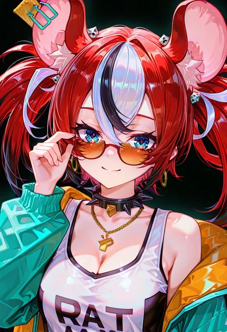 hakos baelz,
1girl, solo, breasts, looking at viewer, smile, simple background, animal ears, cleavage, jewelry, closed mouth, twintails, jacket, medium breasts, collarbone, upper body, earrings, open clothes, hand up, necklace, collar, off shoulder, open jacket, blurry, animal ear fluff, sunglasses, tank top, black background, spikes, pendant, red-framed eyewear, hoop earrings, black collar, tinted eyewear, mouse ears, adjusting eyewear, split mouth, white tank top, multicolored jacket, spiked collar, orange jacket, two-tone jacket, orange-tinted eyewear, neon lights, aqua jacket,
blue eyes, black hair, long sleeves, multicolored hair, white hair, red hair, medium hair, streaked hair, hair intakes, eyebrows hidden by hair