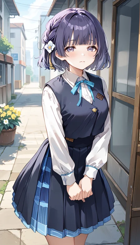 score_9,score_8_up,score_7_up,
official art,official style,game cg,megami magazine,
uncensored,
1girl,solo,
htymsz,hataya misuzu,hatsuboshi gakuen school uniform,
purple eyes,purple hair,short hair,violet eyes,white flower,braid,flower,hair flower,hair ornament,
collared shirt,dress shirt,aqua ribbon,black skirt,black socks,black vest,blue bow,
blue bowtie,blue eyes,blue ribbon,blue skirt,blue vest,blunt bangs,
long sleeves,mole,mole under mouth,neck ribbon,pleated skirt,
ribbon,school uniform,shirt,skirt,vest,white shirt,
standing,full body,
<lora:hataya_misuzu_gakuen_idolmaster_pony_v1:1>,