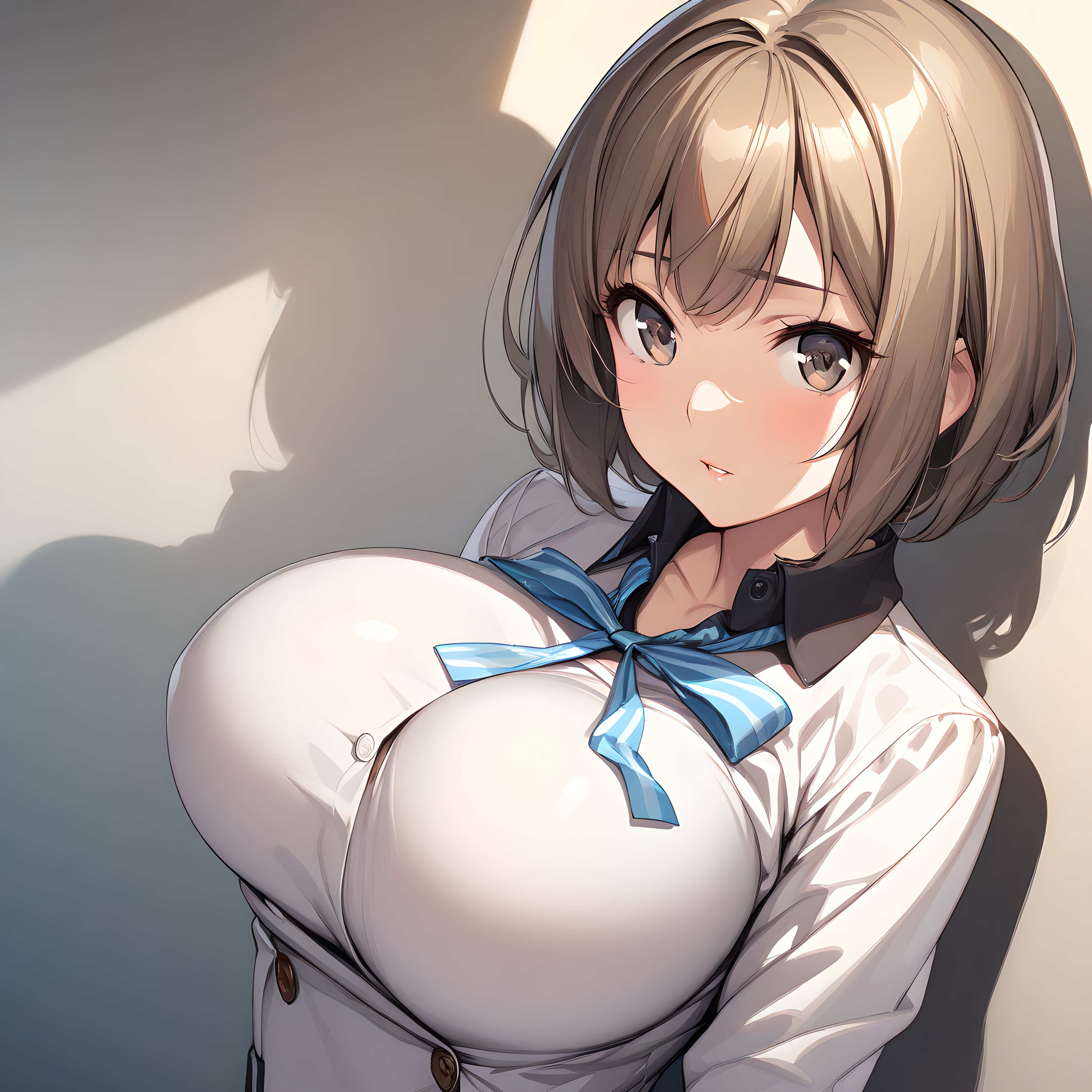 (masterpiece),(best quality),(ultra-detailed),(best illustration),(best shadow),(absurdres),(detailed background),(very aesthetic),nitta_io(ds2), 1girl, solo, brown hair, short hair, skirt, breasts, grey eyes, school uniform, large breasts, ribbon upper body, <lora:XL-NittaIo:1>