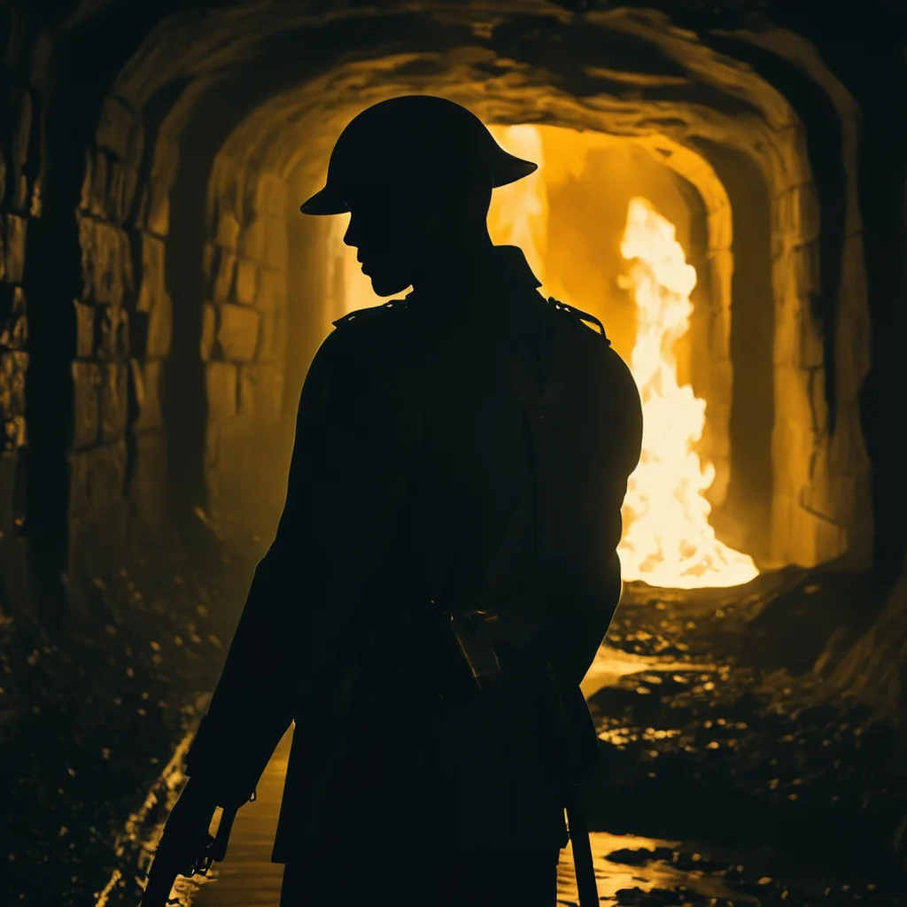 UHD, 4k, ultra detailed, cinematic, a photograph of <lora:Battlefield ww1 style:1>
a silhouette man in a cave tunnel holding a rifle in front of a fountain next to a burning building,battlefield ww1 style,solo,1boy,monochrome,weapon,male focus,from behind,scenery,silhouette,yellow theme,orange theme , war, war zone, battle, warrior, soldier, dark themed, cinematic, film look, world war 1, first world war, ww1, military, dramatic light, epic, beautiful lighting, inpsiring