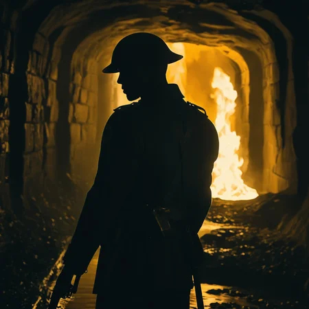 UHD, 4k, ultra detailed, cinematic, a photograph of  <lora:Battlefield ww1 style:1>
a silhouette man in a cave tunnel holding a rifle in front of a fountain next to a burning building,battlefield ww1 style,solo,1boy,monochrome,weapon,male focus,from behind,scenery,silhouette,yellow theme,orange theme , war, war zone, battle, warrior, soldier, dark themed, cinematic, film look, world war 1, first world war, ww1, military, dramatic light, epic, beautiful lighting, inpsiring