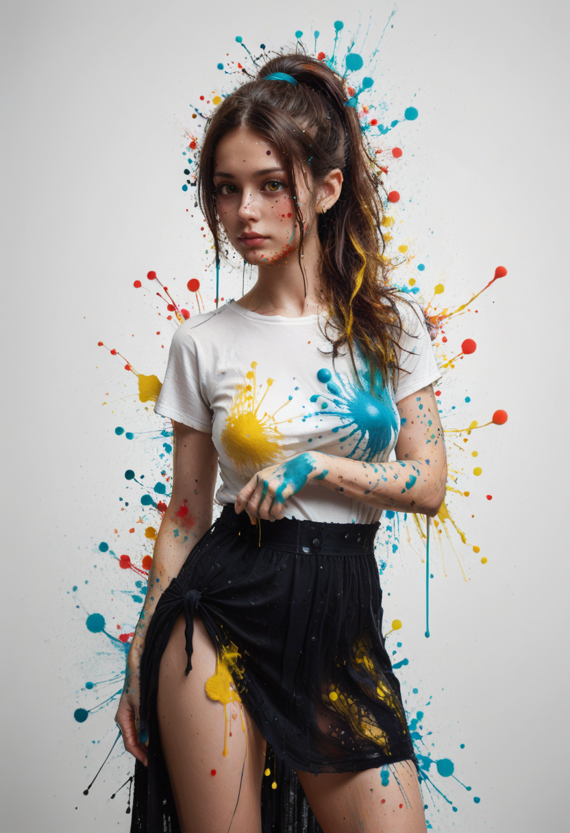 score_9, score_8_up, score_7_up, ultra details, high details, absurdres, masterpiece, best quality, 2k, 4k, very aesthetic, rating_safe, BREAK,
ink splats, ink splatter, rainbow_background, blue_background, green_background, purple_background, yellow_background, BREAK,
 1girl sd332341, solo, (monochrome:1.2), gradient_amber_eyes, long_hair, high_ponytail, two-tone_hair, brown_hair, streaked_hair, red_hair, (nose_piercing), nose_ring, medium_breasts, oversized_shirt, shirt_buttons, black_sarong, eyesHD, high_gradient_eyes, extremely_detailed, BREAK,
(amber_paint_splatter:1.5), paint_splatter_on_hair, BREAK,
(yellow_paint_splatter:1.5), paint_splatter_on_face, BREAK, 
(yellow_paint_splatter:1.75), paint_splatter_on_arms, BREAK,
(yellow_paint_splatter:1), paint_splatter_on_hands, BREAK,
(pink_paint_splatter:1.25), paint_splatter_on_legs, BREAK,
(aqua_paint_splatter:1.75), paint_splatter_on_clothes, BREAK,
(aqua_paint_splatter:1.25), paint_splatter_on_floor, BREAK,
<lora:Ink_Splats:1.2>, <lora:add-detail-xl:1>,