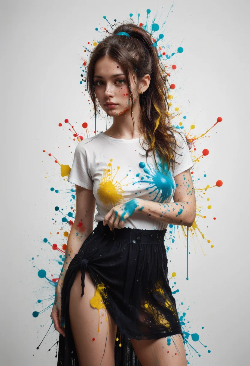 score_9, score_8_up, score_7_up, ultra details, high details, absurdres, masterpiece, best quality, 2k, 4k, very aesthetic, rating_safe, BREAK,
ink splats, ink splatter, rainbow_background, blue_background, green_background, purple_background, yellow_background, BREAK,
1girl sd332341, solo, (monochrome:1.2), gradient_amber_eyes, long_hair, high_ponytail, two-tone_hair, brown_hair, streaked_hair, red_hair, (nose_piercing), nose_ring, medium_breasts, oversized_shirt, shirt_buttons, black_sarong, eyesHD, high_gradient_eyes, extremely_detailed, BREAK,
(amber_paint_splatter:1.5), paint_splatter_on_hair, BREAK,
(yellow_paint_splatter:1.5), paint_splatter_on_face, BREAK,
(yellow_paint_splatter:1.75), paint_splatter_on_arms, BREAK,
(yellow_paint_splatter:1), paint_splatter_on_hands, BREAK,
(pink_paint_splatter:1.25), paint_splatter_on_legs, BREAK,
(aqua_paint_splatter:1.75), paint_splatter_on_clothes, BREAK,
(aqua_paint_splatter:1.25), paint_splatter_on_floor, BREAK,
<lora:Ink_Splats:1.2>, <lora:add-detail-xl:1>,