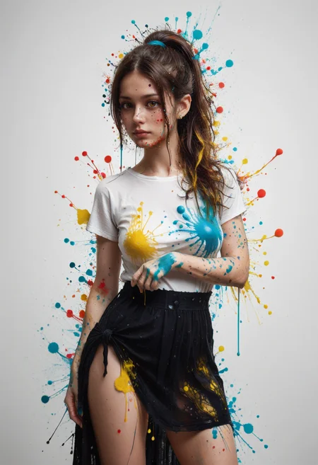 score_9, score_8_up, score_7_up, ultra details, high details, absurdres, masterpiece, best quality, 2k, 4k, very aesthetic, rating_safe, BREAK,
ink splats, ink splatter, rainbow_background, blue_background, green_background, purple_background, yellow_background, BREAK,
1girl sd332341, solo, (monochrome:1.2), gradient_amber_eyes, long_hair, high_ponytail, two-tone_hair, brown_hair, streaked_hair, red_hair, (nose_piercing), nose_ring, medium_breasts, oversized_shirt, shirt_buttons, black_sarong, eyesHD, high_gradient_eyes, extremely_detailed, BREAK,
(amber_paint_splatter:1.5), paint_splatter_on_hair, BREAK,
(yellow_paint_splatter:1.5), paint_splatter_on_face, BREAK,
(yellow_paint_splatter:1.75), paint_splatter_on_arms, BREAK,
(yellow_paint_splatter:1), paint_splatter_on_hands, BREAK,
(pink_paint_splatter:1.25), paint_splatter_on_legs, BREAK,
(aqua_paint_splatter:1.75), paint_splatter_on_clothes, BREAK,
(aqua_paint_splatter:1.25), paint_splatter_on_floor, BREAK,
<lora:Ink_Splats:1.2>, <lora:add-detail-xl:1>,