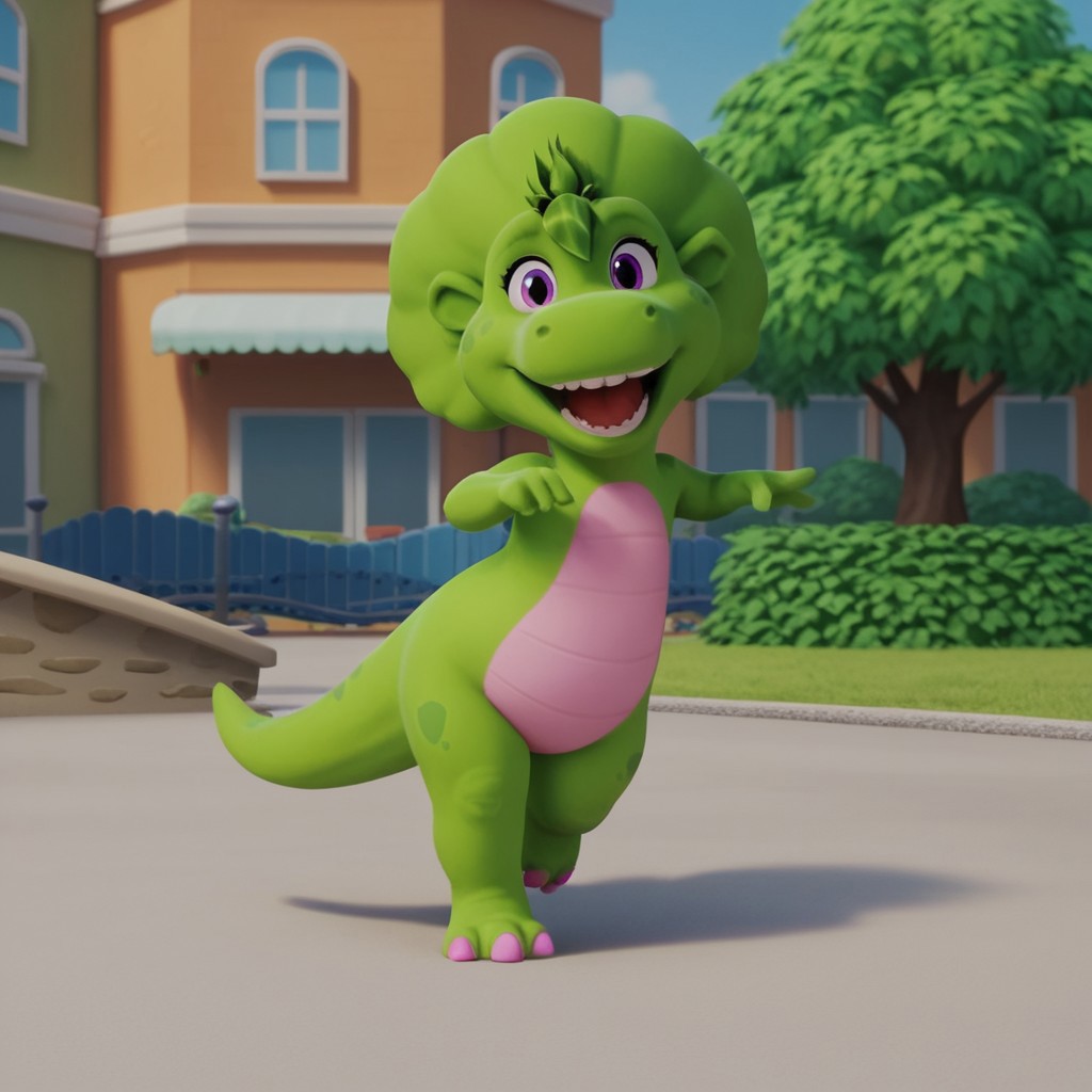 score_9, score_8_up, score_7_up, score_6_up, score_5_up, score_4_up, source_furry, bopbw, semi-anthro, female, dinosaur, green skin, green hair tuft, purple eyes, outside, dancing, happy