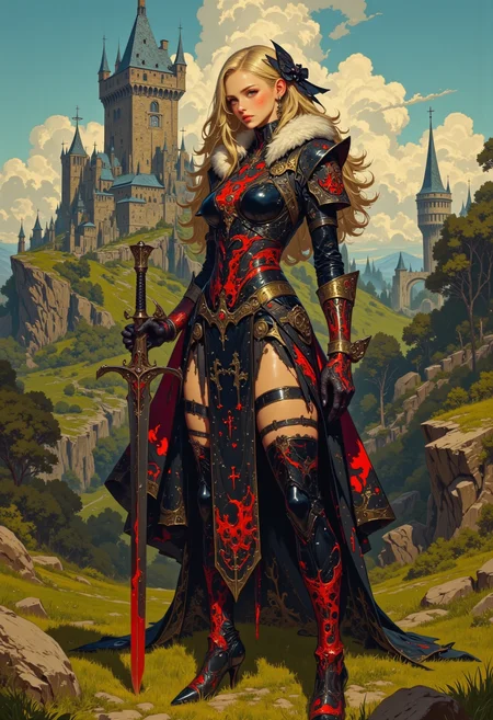 Image is a digital fantasy artwork featuring a female character with a striking appearance. She has tan skin and glowing red eyes, with long blonde hair with red highlights. she's wearing an intricately designed corset with fur collar with matching long gloves and thigh-highs, both adorned with glowing red patterns. She standing at the in front of a castle alone placing her sword in the ground in front of her as she stands watch. Her expression is confident and composed. The background is of a grassy field, mythp0rt, DB4RZ style painting, FFAIM