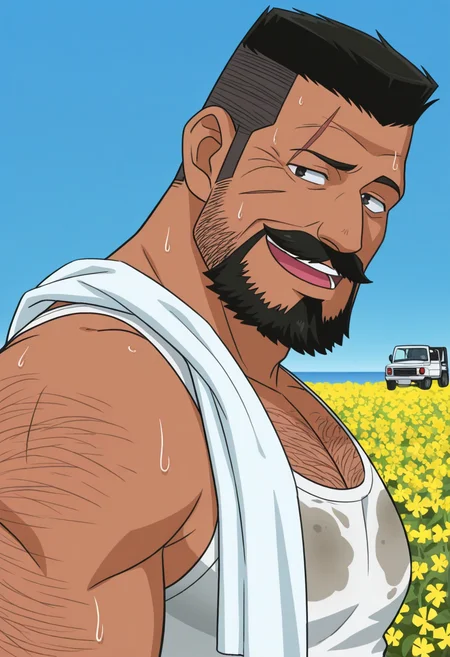 1boy, white tank top, looking at viewer, laughing, open mouth, looking at viewer, looking to the side,
BREAK
<lora:Inspector_Yuminaga_from_Detective_Conan_v1.0:1> (thick mustache:1.5), (long sideburns:1.5),
inspectoryuminaga, old man, black hair, flattop, anime screencap, dark skin, (streaked hair:1.4), (beard:2.0), (full beard:1.5), thick beard,
messy hair, scar on face, scar across eye, wet clothes, sweat, towel on one shoulder,
BREAK
<lora:Best_Dad_Ever-000005_1557830:0.2> b1gd4d, thick arm hair, thick chest hair,
BREAK
outdoors, horizon, rapeseed blossoms, pickup truck, dirty clothes, dirty face, blue sky,
BREAK
very awa, masterpiece, best quality, absurdres, newest, perfect quality, detailed background, intricate details,