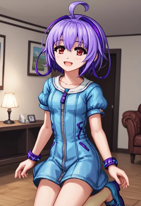 score_4,score_5,score_6,score_7_up,score_8_up,score_9
((masterpiece,best quality,ultra detailed,highres,HD,4k:1.2)),
1 girl,solo,girl forcus,upper body,
Purple hair,side locks,ahoge,multicolored hair,short hair, red eyes, short sleeves, blue dress, zipper, bracelet, thighs, bare legs,shoes,
smile,open mouth,happy,room,living room,