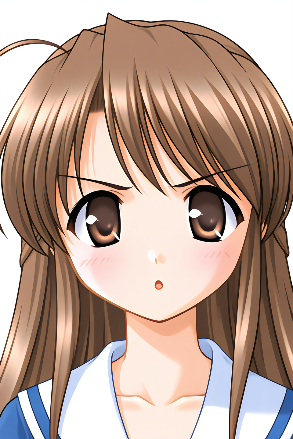 masterpiece, best quality, absurdres, official art, official style, rating general BREAK <lora:fujiedahonami_IL_v1-5:0.7>, fujieda honami, 1girl, solo, brown eyes, yellow eyes, brown hair, grey hair, ahoge, bangs, very long hair, half updo, medium breasts BREAK school uniform, close-up, portrait, blush, :o, looking at viewer, open mouth, parted lips, front view, displeased