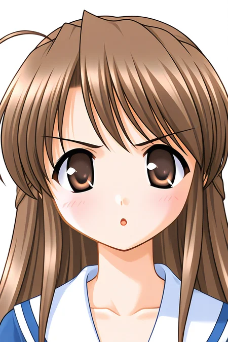 masterpiece, best quality, absurdres, official art, official style, rating general BREAK <lora:fujiedahonami_IL_v1-5:0.7>, fujieda honami, 1girl, solo, brown eyes, yellow eyes, brown hair, grey hair, ahoge, bangs, very long hair, half updo, medium breasts BREAK school uniform, close-up, portrait, blush, :o, looking at viewer, open mouth, parted lips, front view, displeased