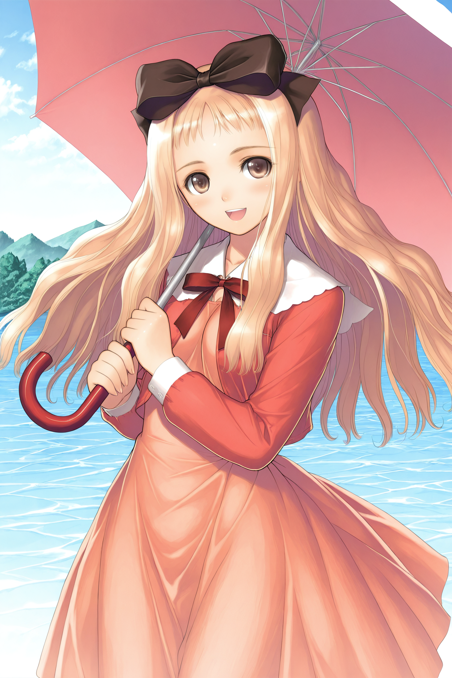 Tony Taka Style,Nakanokouji Ayano,1girl,solo,long hair,blonde hair,bow,umbrella,smile,open mouth,hair bow,water,brown eyes,long sleeves,ribbon,:d,
<lora:Genmukan_illustriousXL:0.8>,